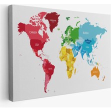 Kıtalara Göre Renkli Ingilizce Dünya Haritası Dekoratif Kanvas Tablo, Duvar Dekoru 1090