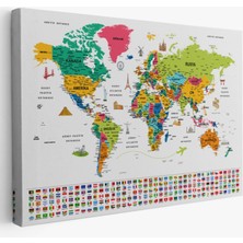 Ülke Bayrakları ve Semboller Türkçe Dünya Haritası Dekoratif Kanvas Tablo, Duvar Dekoru 2870