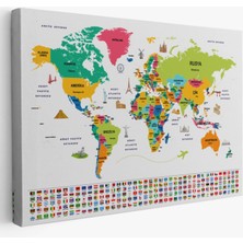 Ünlü Yerler, Ülke Bayrakları, Türkçe Dünya Haritası Dekoratif Kanvas Tablo, Duvar Dekoru 1950