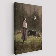 Süpürgeli Cadıya Özenen Kız Eseri Dekoratif Kanvas Tablo, Duvar Dekoru 6185