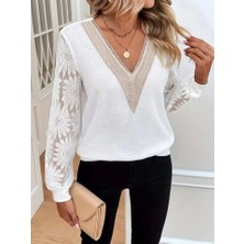 V Yaka Fistolu Kolu Tül Detaylı Bluz -Beyaz