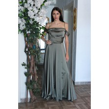 Haki Taş Askılı Düşük Kol Saten Abiye 0806118.23