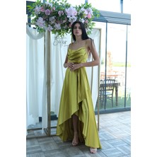 Fıstık Yırtmaç Detaylı Saten Abiye Elbise  4522348.22