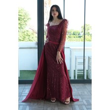 Bordo Boncuk Işlemeli Tül Kol Detaylı Uzun Abiye 9705463.04
