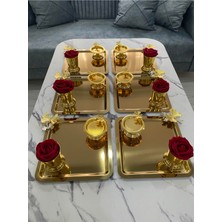 Altın Renkli 6'lı Çelik Kare Sunum Tepsisi, Gül Kovası ve Kelebek Detayları