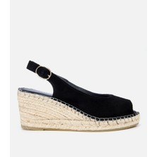 Hotiç Kadın Süet Deri Siyah Hasır Detaylı Dolgu Topuklu Sandalet