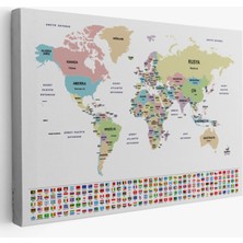 SONIKON LINE Ülke Bayrakları ve Başkentleri Türkçe Dünya Haritası Dekoratif Kanvas Tablo, Duvar Dekoru 2384