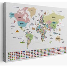SONIKON LINE Ünlü Yerler, Ülke Bayrakları, Türkçe Dünya Haritası Dekoratif Kanvas Tablo, Duvar Dekoru 1938