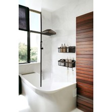 Yapışkanlı 2'li Banyo Seti, Raf ve Şampuanlık, Siyah Renk, Düzenleyici Özellikli
