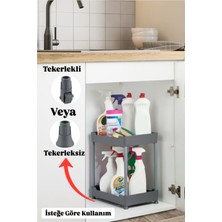 Gri 2 Katlı Lavabo Altı Düzenleyici Tekerlekli Raf, Pratik ve Şık Banyo Organizasyonu