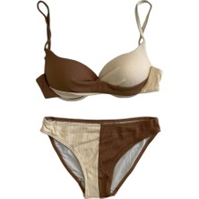 Kadın Kahverengi Krem Renk Bloklu Astarlı Bikini Takımı HZL25S-LC214
