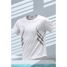 Erkek Spor Tişört Antreman Gym Polyester Erkek Sporcu t-Shirt Şeritli-Tişört