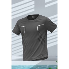 Erkek Spor Tişört Antreman Gym Polyester Erkek Sporcu t-Shirt Şeritli-Tişört