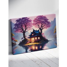 Sakura Ağaçları Altında Göl Evi Tablosu Mor ve Pembe Tonlarda Huzurlu Peyzaj %100 Pamuk Kanvas