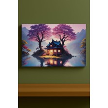 Sakura Ağaçları Altında Göl Evi Tablosu Mor ve Pembe Tonlarda Huzurlu Peyzaj %100 Pamuk Kanvas
