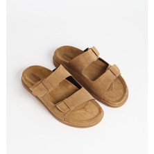 Haşema Kadın Süet Çift Bantlı Kahverengi Terlik 156-17