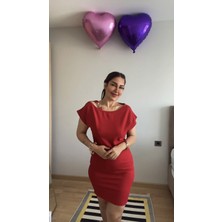 Ag Shoppings Kadın Kısa Kollu Tek Omuz Askı ve Aksesuar Detay Beli Lastikli Krep Elbise