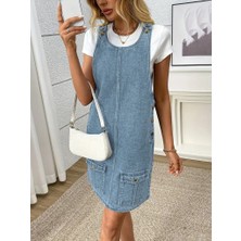 Mira Cotton Kadın Askılı Yuvarlak Yaka A Kesim Cep Detaylı Kot Elbise