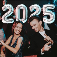 Yılbaşı 2025 Yazılı Folyo Balon Seti, Helyum Balonları, Gümüş Renkli, Şık Dekorasyon Malzemesi