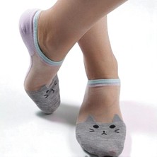Hitit Socks Kadın 3 Çift Premium Kalite Kedi Desenli Tül Çorap Gri
