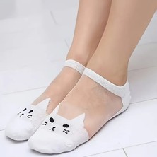 Hitit Socks Kadın 3 Çift Premium Kalite Kedi Desenli Tül Çorap Beyaz