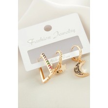 3 Adet Hilal Zirkon Taşlı Küpe