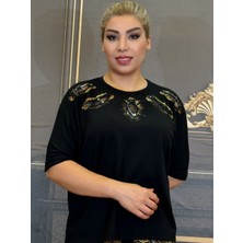Abiye Bluz Üç Iplikli Pamuklu Yüksek Kalite Taş ve Tül Işlemeli Yarasa Kolu Siyah