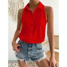 Merlavin Kadın Yakalı Sıfır Kol Dokuma Viskon Kumaş Gömlek