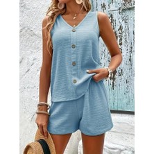 Merlavin Kadın V Yaka Askılı Düğmeli Bluz ve Şort Bürümcük Kumaş Ikili Takım