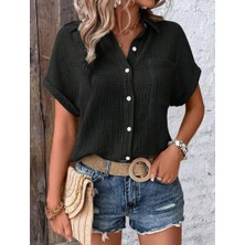 Merlavin Kadın Cep Detaylı Kısa Kollu Müslin Kumaş Gömlek