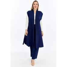 Büyük Beden Kadın Yazlık Battal Pantolon Kuşaklı Broşlu Cepli Uzun Yelek Ikili Tesettür Takım