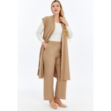 Büyük Beden Kadın Yazlık Battal Pantolon Kuşaklı Broşlu Cepli Uzun Yelek Ikili Tesettür Takım