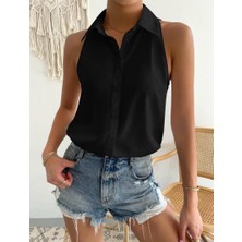 Pelinzen Kadın Yakalı Sıfır Kol Dokuma Viskon Kumaş Gömlek