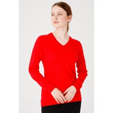 Desen Triko Kadın Likralı Uzun Kol Basic V Yaka Bluz Mercan