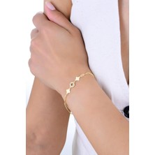 Gümüş Altın Yaldızlı Zirkon Taşlı Çift Zincirli Katre Yonca Bileklik  SGTL12925GOLD
