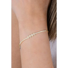 Gümüş Altın Yaldızlı Pırlanta Modeli Zirkon Taşlı Modern Işıltı Su Yolu Bileklik SGTL12906GOLD