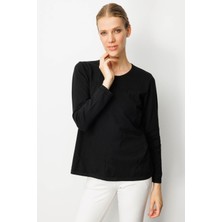 Kadın Sıfır Yaka Önü Pileli Boncuklu Ligralı Bluz Siyah