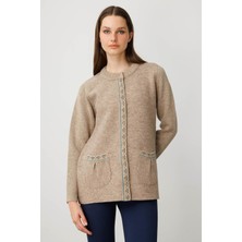 Kadın Sıfır Yaka Önü Keçe Kısa Yün Ceket K.bej