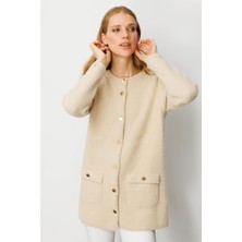 Kadın Sıfır Yaka Metal Düğmeli Araboy Afrodit Triko Ceket Bej