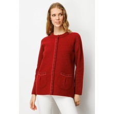 Kadın Sıfır Yaka Önü Keçe Kısa Yün Ceket Y.kırmızı