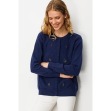 Kadın Sıfır Yaka Önü Baklavalı Nakış Işlemeli Hırka Lacivert