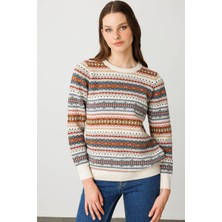 Kadın Sıfır Yaka Komple Jakarlı Yün Kazak Kemik