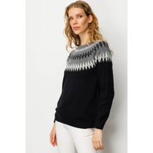 Kadın Sıfır Yaka Robası Baklavalı Yün Kazak Siyah