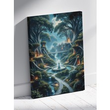 Büyülü Ağaç Evler ve Şelaleler Manzarası Tablosu Yüksek Fantasy Peyzaj Sanatı %100 Kanvas