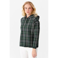 Desen Triko Kadın Kapşonlu Kareli Kısa Kazak Yeşil