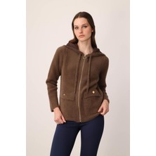 Kadın Kapüşonlu Fermuarlı Kısa Triko Sweatshirt Kahve