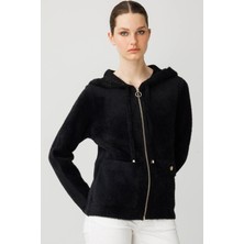 Kadın Kapüşonlu Fermuarlı Kısa Triko Sweatshirt Siyah