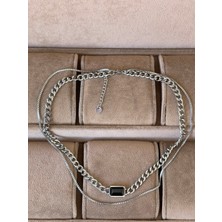 Aida Jewelss 316 L Cerrahi Çelik Siyah Kristal Taşlı Çift Zincir Gurmet Tasarım Çelik Kolye Kararmaz