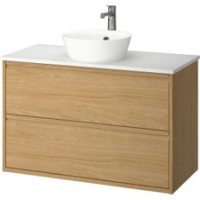 Lavabo Dolabı Kombinasyonu, Meşe Görünümlü-Beyaz Mermer Görünüm, 102X49X80 Cm, Brogrund Batarya