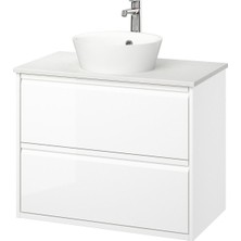 Lavabo Dolabı Kombinasyonu, Parlak Cila Beyaz-Beyaz Mermer Görünüm, 82X49X80 Cm, Brogrund Batarya